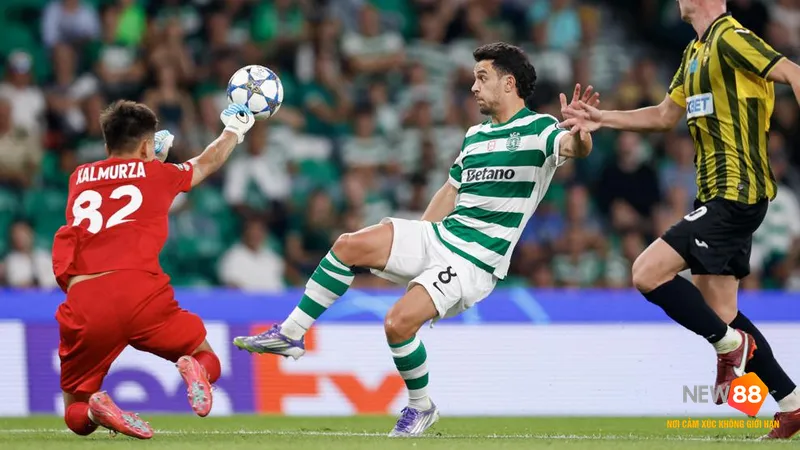 Cầu thủ Napoli chiến đấu quyết liệt với cầu thủ Sporting CP để giữ bóng. Cầu thủ Napoli chiến đấu quyết liệt với cầu thủ Sporting CP để giữ bóng.